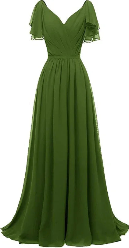 Ruffle Sleeves Bridesmaid Dress V-Neck Chiffon Long Formal Wedding Evening Dress Y1315