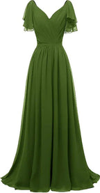 Ruffle Sleeves Bridesmaid Dress V-Neck Chiffon Long Formal Wedding Evening Dress Y1315