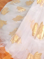Gorgeous Gold Print Tulle Off The Shoulder Ball Gown A Line Prom Dress Evening Dress Y8618