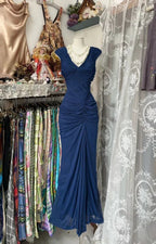 Vintage Navy Blue Chiffon Ruched Evening Gown Mermaid Party Prom Dress Y8076