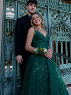 A Line V Neck Green Lace Long Prom Dresses, Green Lace Formal Dresses, Green Evening Dresses Y4079