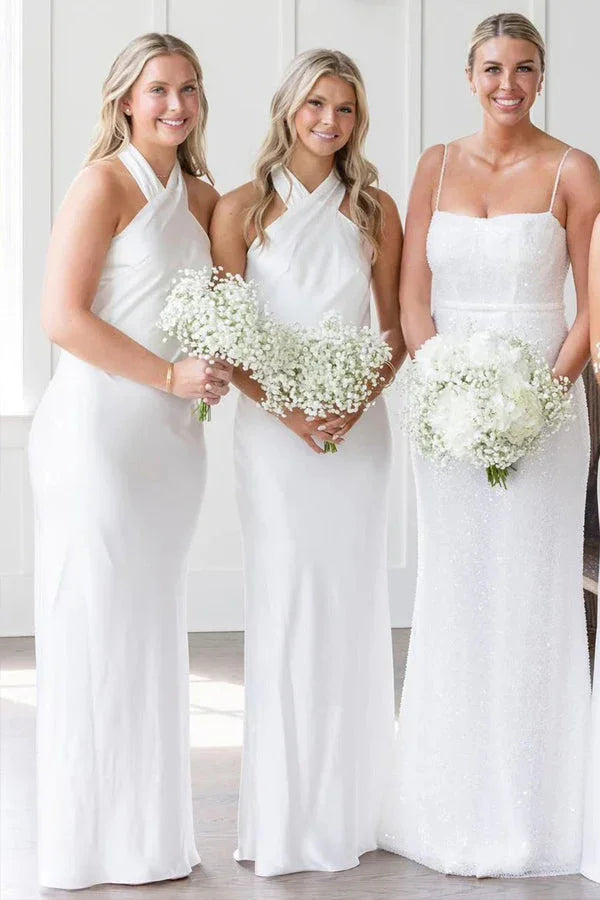 Halter Neckline Cutout Back Long White Bridesmaid Dress BD120