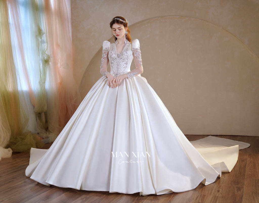 Regal V-Neck Satin Ball Gown Wedding Dress with Oversized Bow & Cathedral Train
