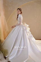 Regal V-Neck Satin Ball Gown Wedding Dress with Oversized Bow & Cathedral Train