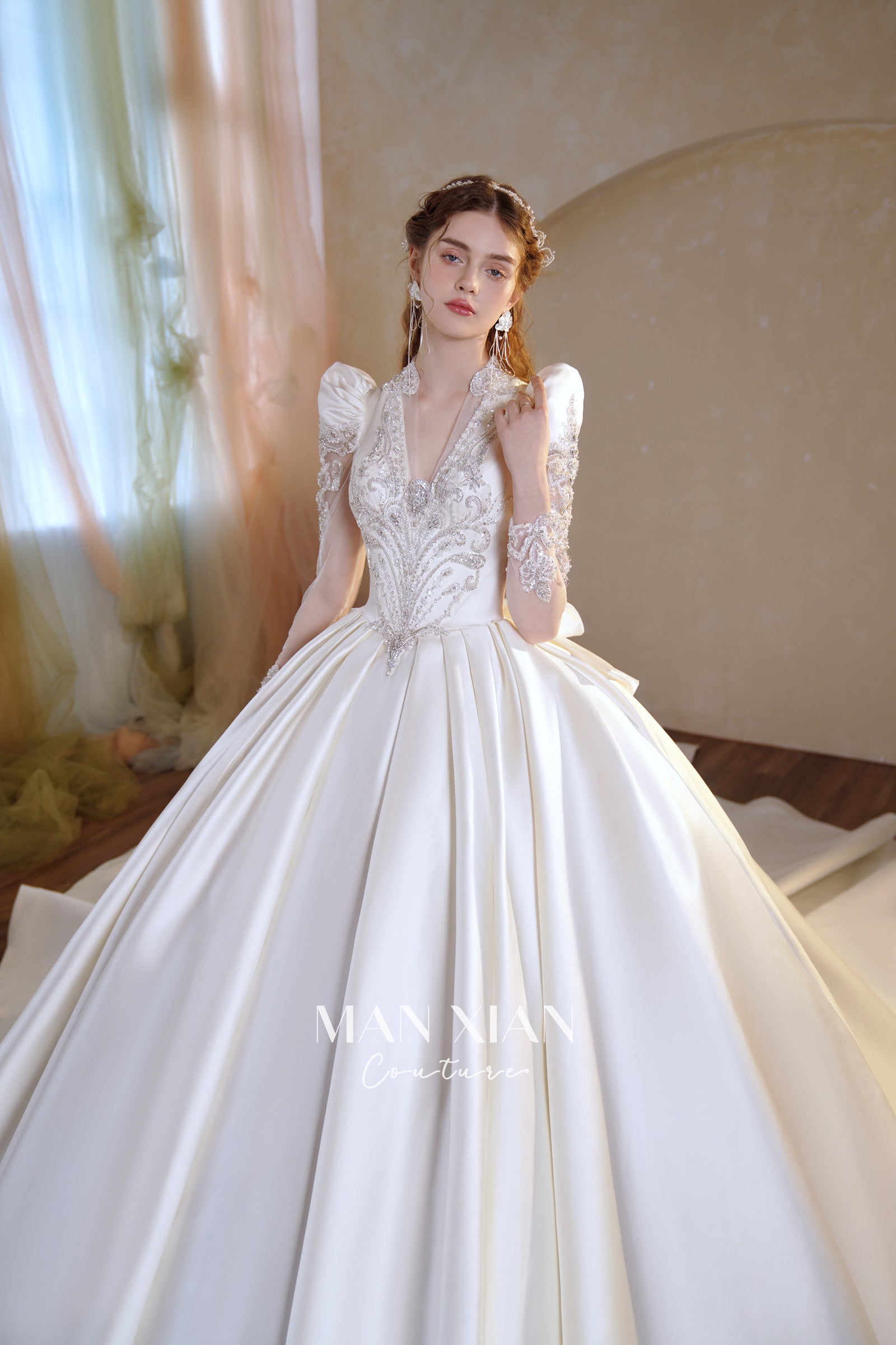 Regal V-Neck Satin Ball Gown Wedding Dress with Oversized Bow & Cathedral Train