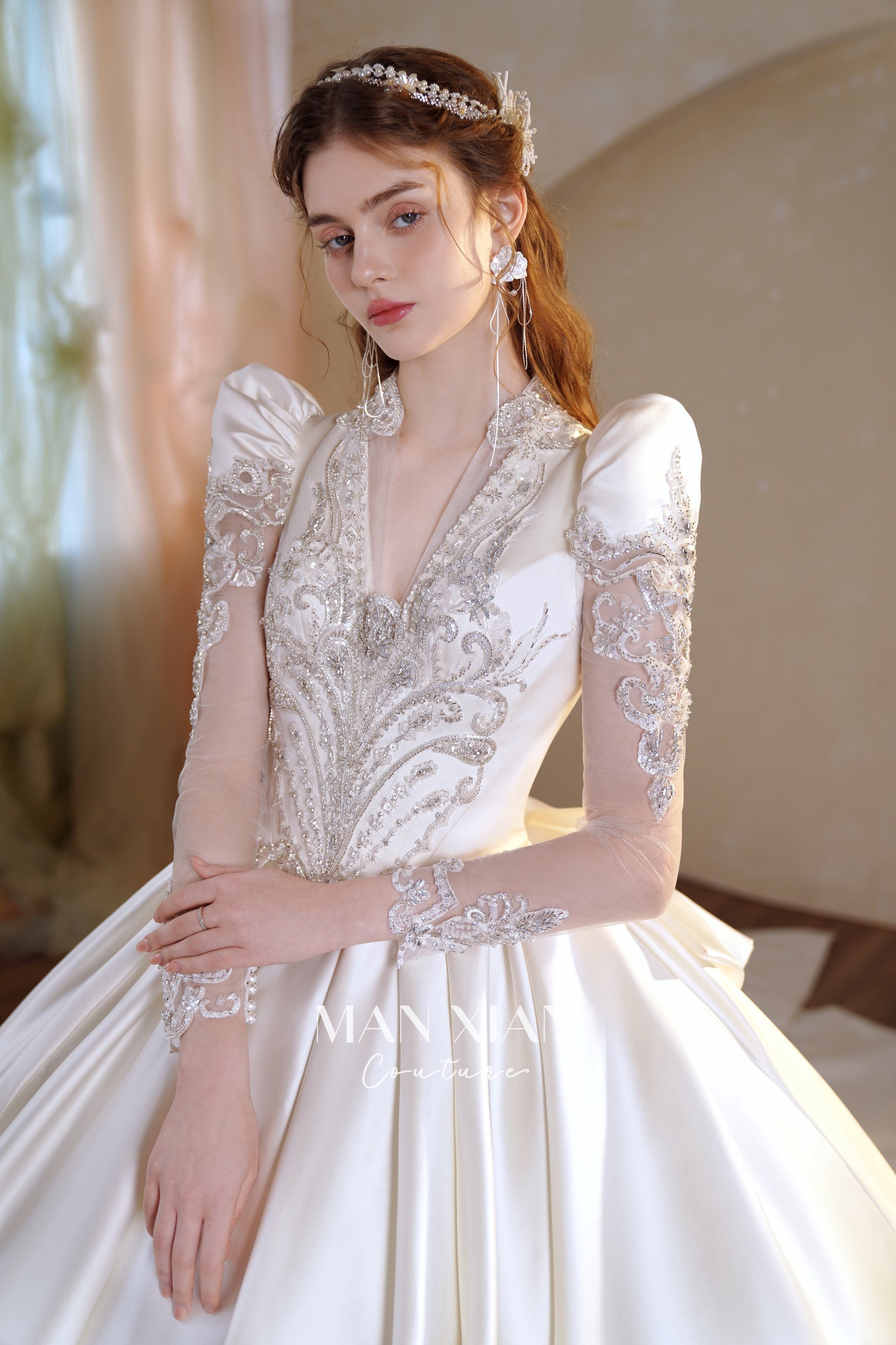 Regal V-Neck Satin Ball Gown Wedding Dress with Oversized Bow & Cathedral Train
