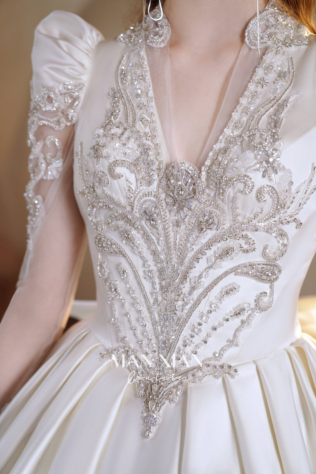 Regal V-Neck Satin Ball Gown Wedding Dress with Oversized Bow & Cathedral Train