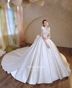 Regal V-Neck Satin Ball Gown Wedding Dress with Oversized Bow & Cathedral Train