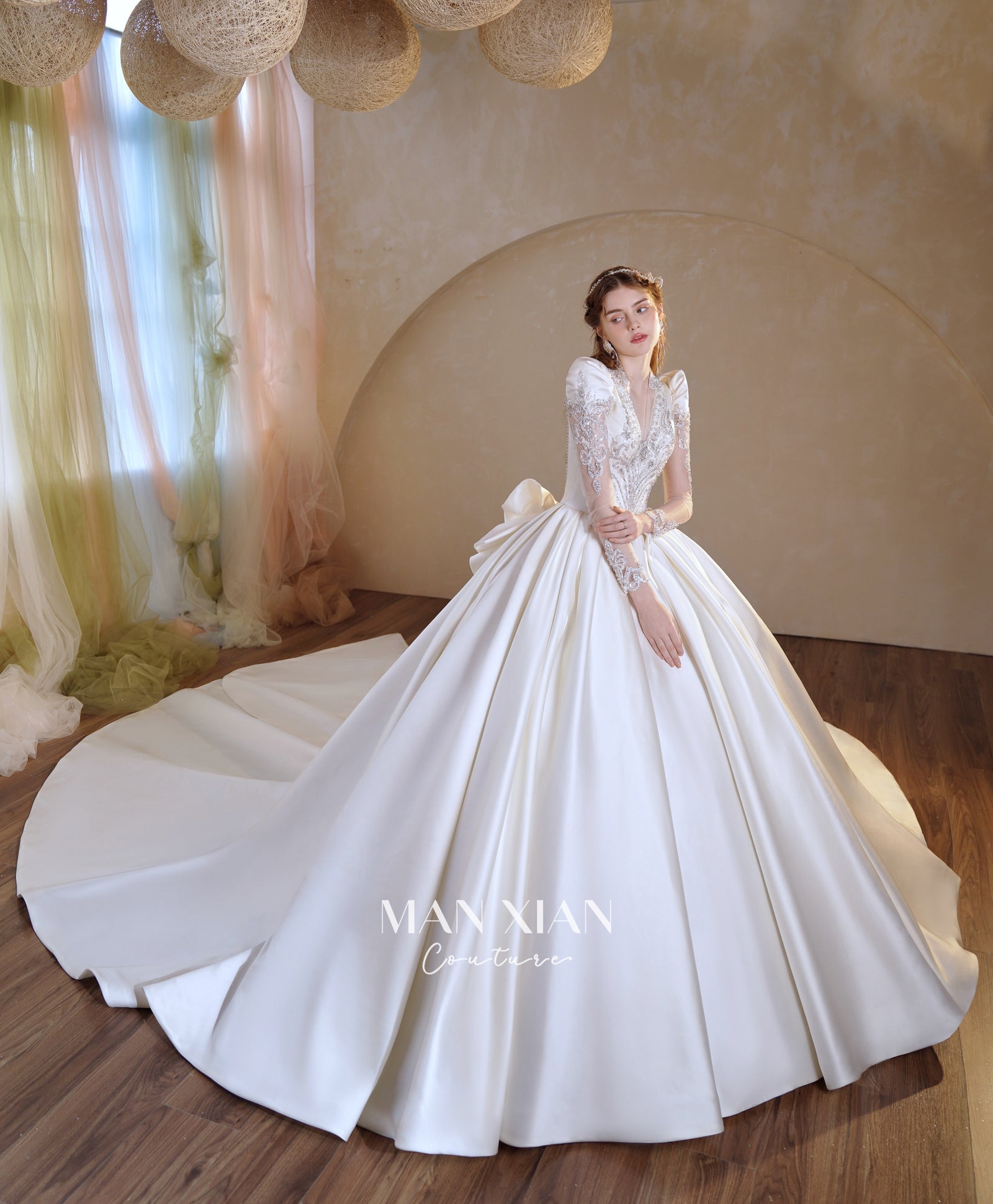 Regal V-Neck Satin Ball Gown Wedding Dress with Oversized Bow & Cathedral Train