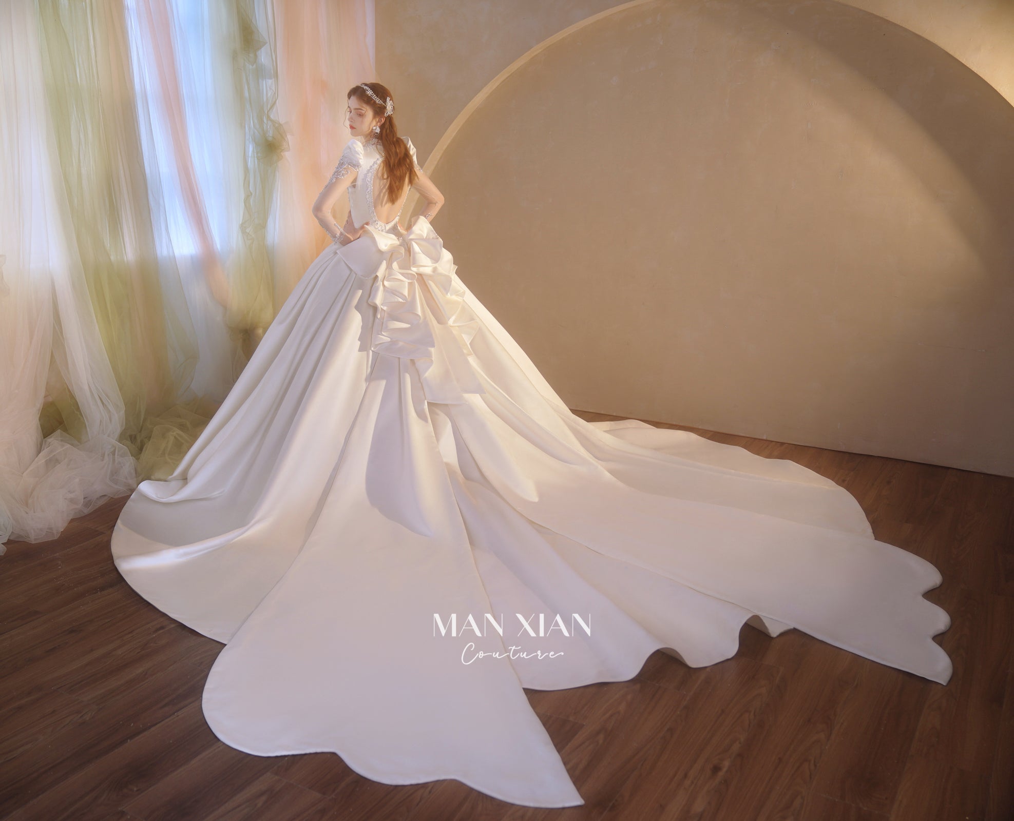 Regal V-Neck Satin Ball Gown Wedding Dress with Oversized Bow & Cathedral Train