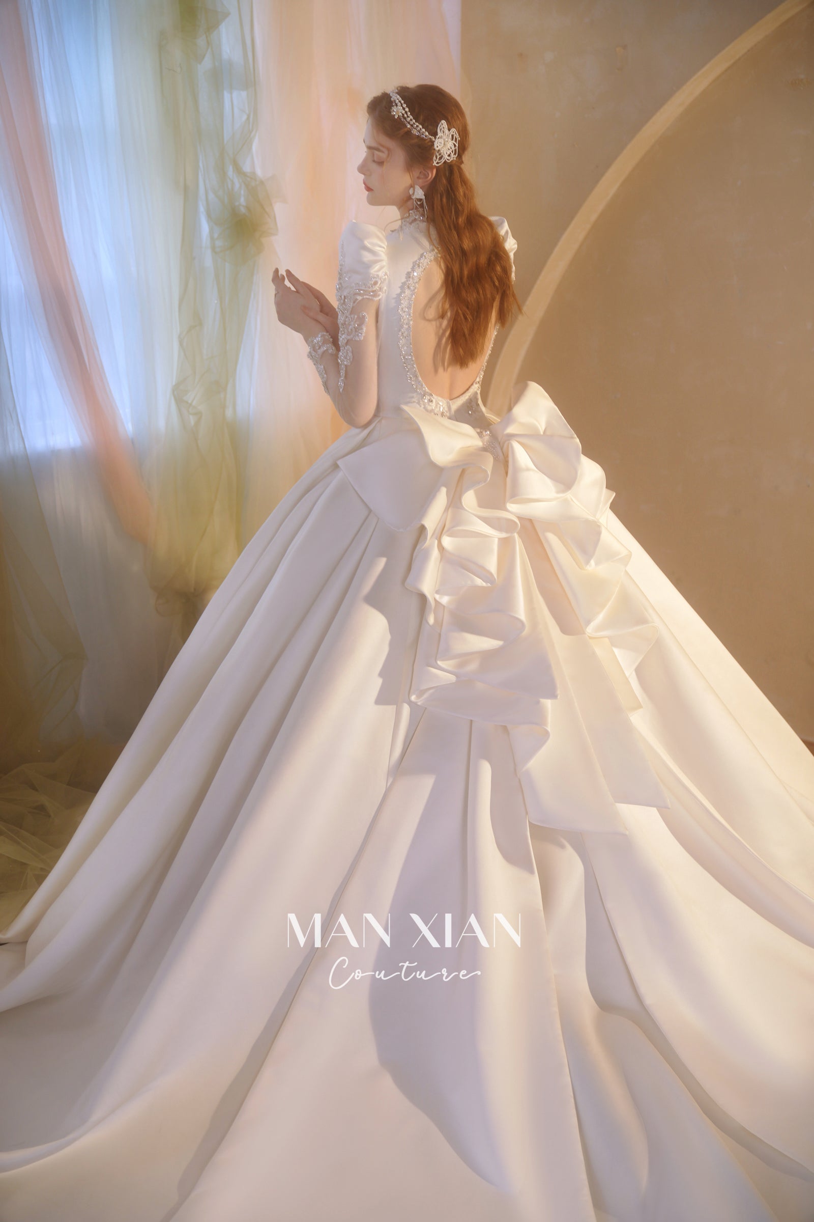 Regal V-Neck Satin Ball Gown Wedding Dress with Oversized Bow & Cathedral Train