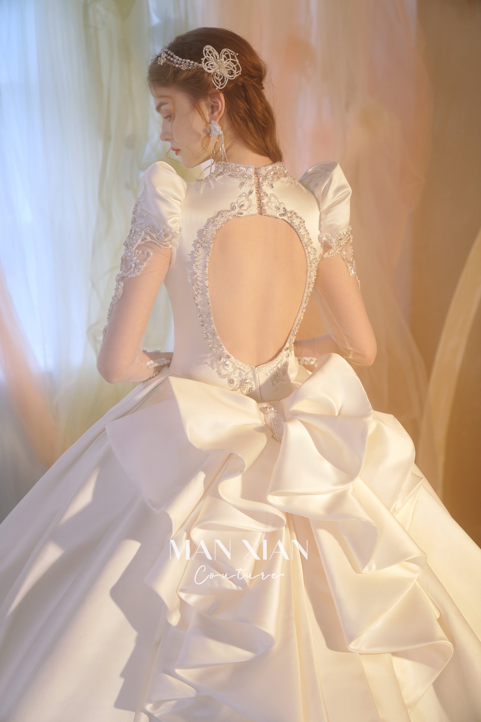 Regal V-Neck Satin Ball Gown Wedding Dress with Oversized Bow & Cathedral Train