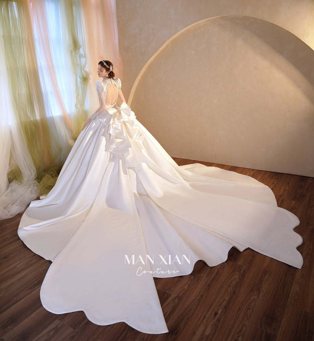 Regal V-Neck Satin Ball Gown Wedding Dress with Oversized Bow & Cathedral Train