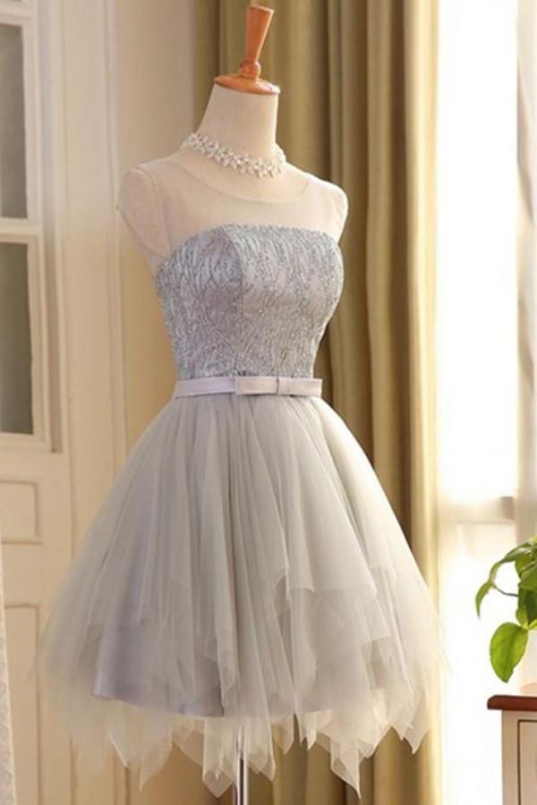 Gray Tulle Sleeveless A-line Scoop Short Prom Dress with Lace,Homecoming Dresses