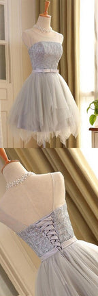 Gray Tulle Sleeveless A-line Scoop Short Prom Dress with Lace,Homecoming Dresses