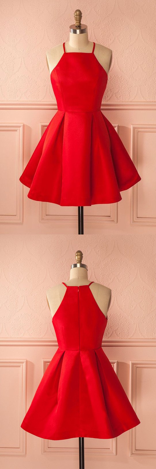 Simple Red A-line Short Straps Prom Dresses, Cheap Homecoming Dress for Girls