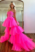 Hot Pink High Low Sweetheart Tiered Prom Dress Evening Dress