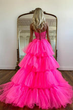 Hot Pink High Low Sweetheart Tiered Prom Dress Evening Dress