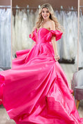 Hot Pink Puff Sleeves Off The Shoulder Simple Prom Evening Dresses