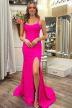 Hot Pink Scoop Neck Lace-Up Trumpet Long Prom Dress