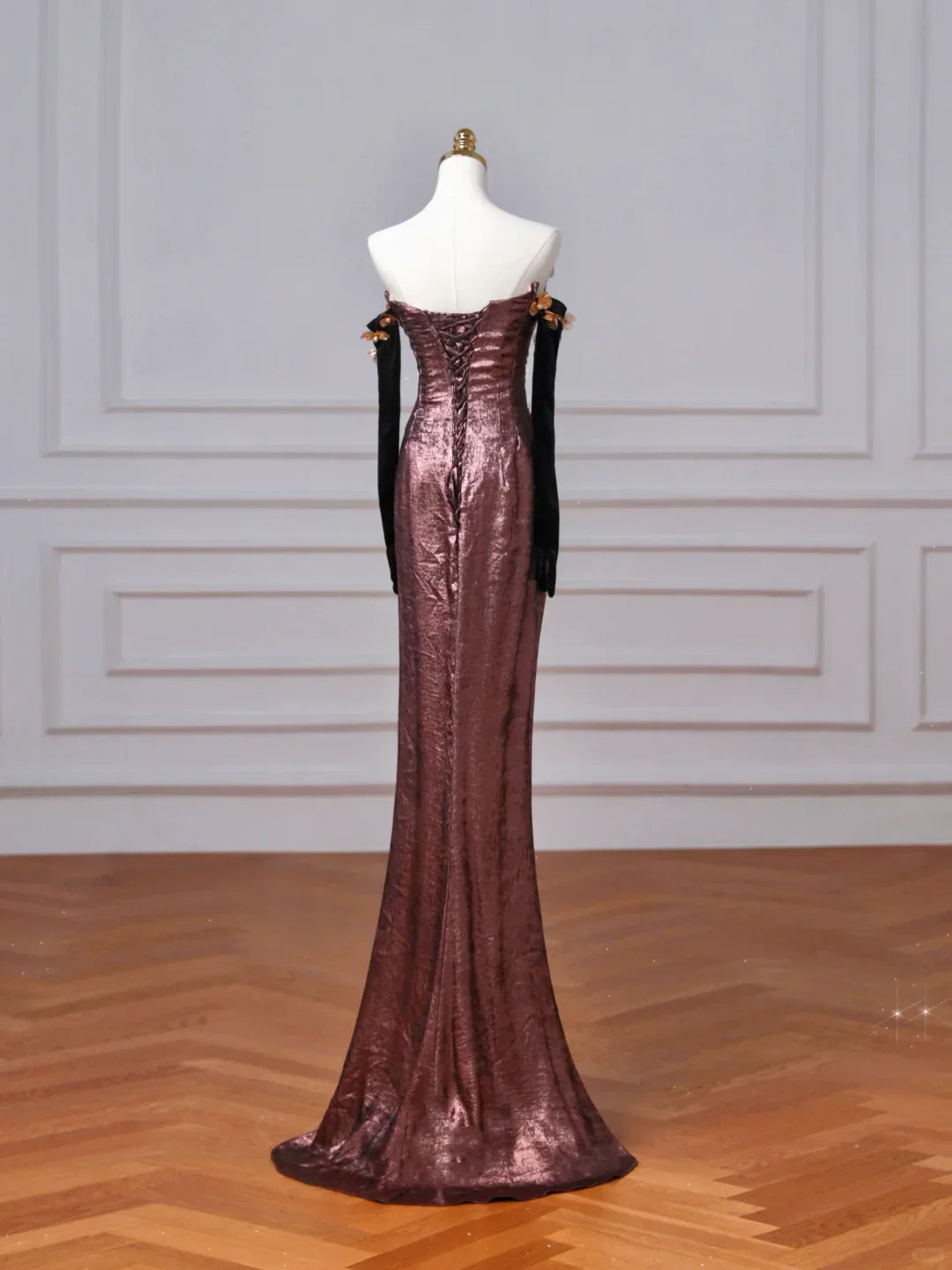 Vintage Off The Shoulder Satin Appliques Long Prom Dress Mermaid Slit Evening Dress Y8613