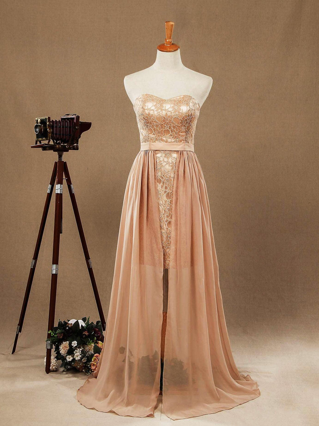 Sheath Column Strapless Cocktail Party Prom Dress Short Lace match Long Chiffon Flap
