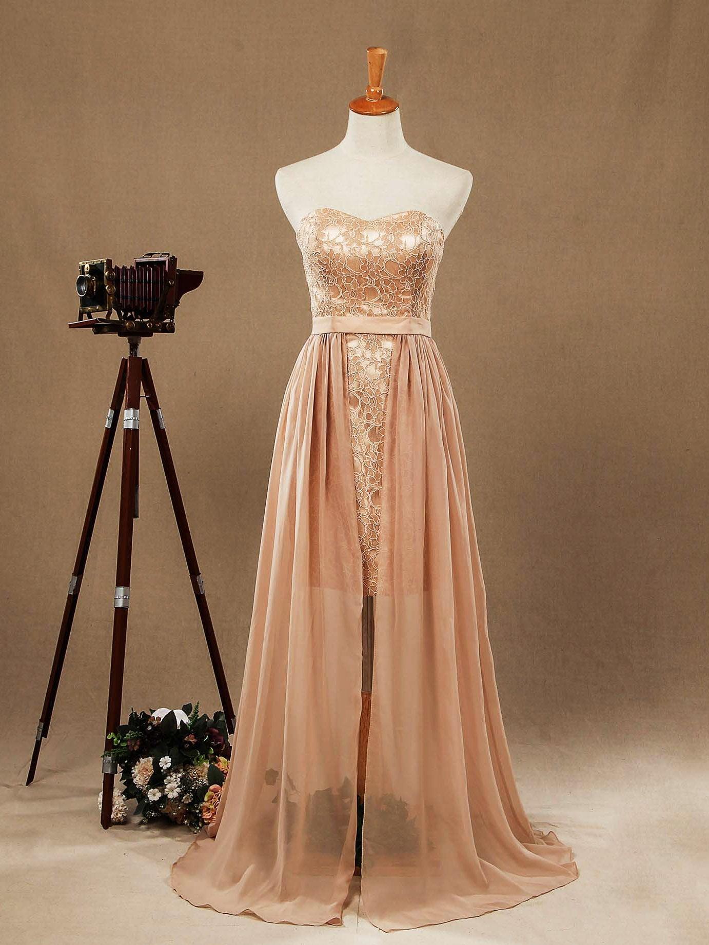 Sheath Column Strapless Cocktail Party Prom Dress Short Lace match Long Chiffon Flap