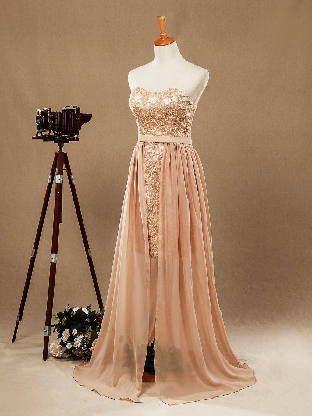 Sheath Column Strapless Cocktail Party Prom Dress Short Lace match Long Chiffon Flap