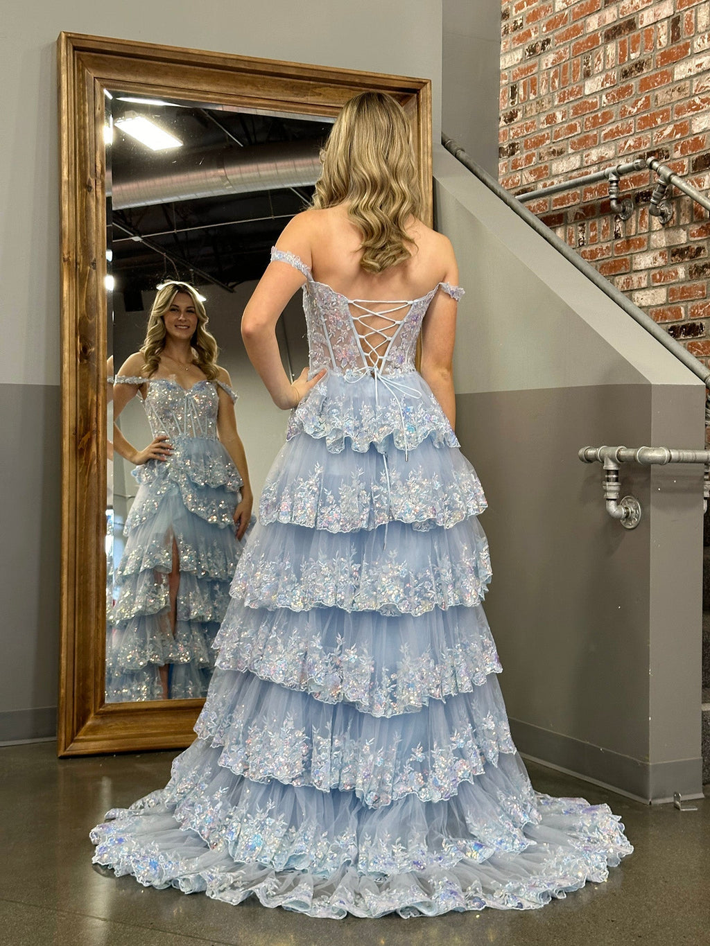 A Line Off the Shoulder Corset Prom Dress with Lace Ruffles
