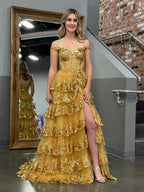A Line Off the Shoulder Corset Prom Dress with Lace Ruffles