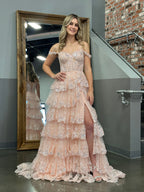 A Line Off the Shoulder Corset Prom Dress with Lace Ruffles