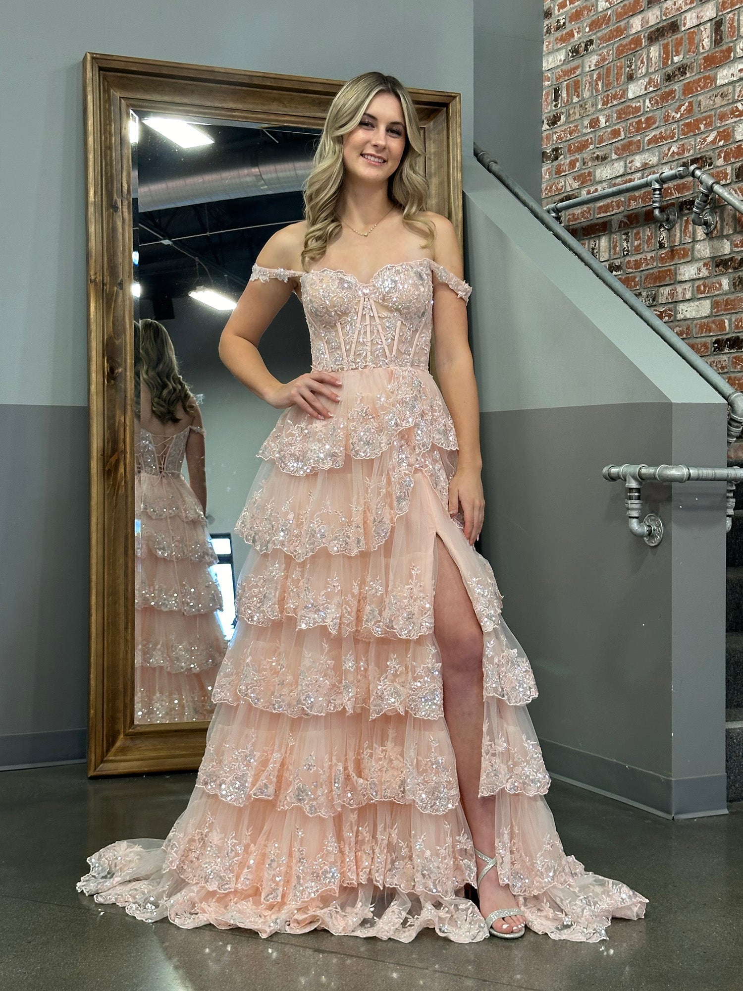 A Line Off the Shoulder Corset Prom Dress with Lace Ruffles