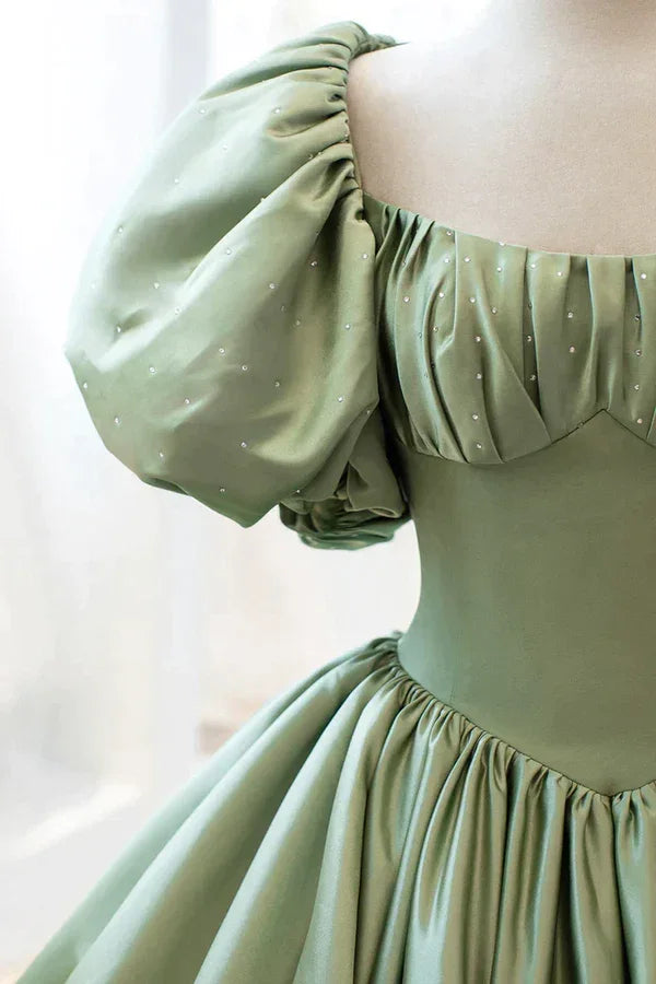 Satin Ball Gown Long Prom Dress Short Sleeves Evening Dress Y4313