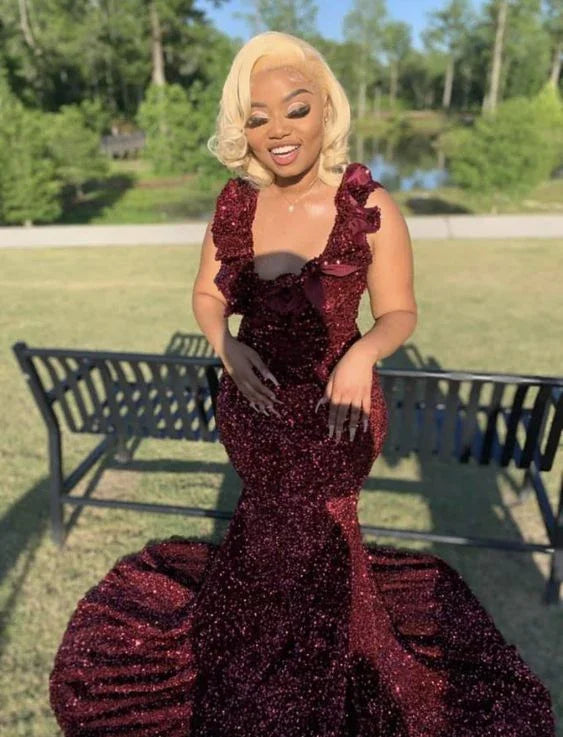 Burgundy Sequins Mermaid Long Prom Dress Burgundy Evening Dress Y6507
