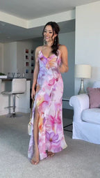 Beautiful Ruffle Graphic Floral Print Low Backless Long Prom Dress Slit Party Evening Dress Y8099