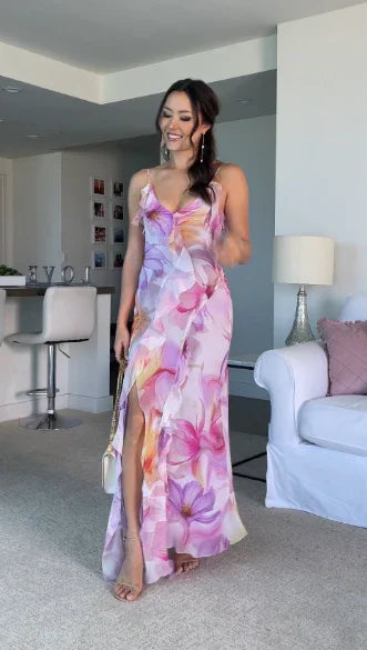 Beautiful Ruffle Graphic Floral Print Low Backless Long Prom Dress Slit Party Evening Dress Y8099