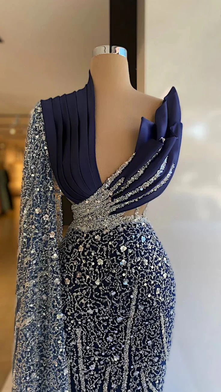 Navy Blue One Shoulder Evening Dresses V Neck Prom Gowns Custom Made Sequin Sparkly Formal Party Dresses Y4936