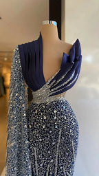 Navy Blue One Shoulder Evening Dresses V Neck Prom Gowns Custom Made Sequin Sparkly Formal Party Dresses Y4936