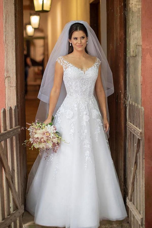 Illustion Scoop Neck White Floral Lace Wedding Dress Floor Length