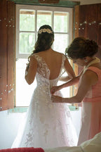 Illustion Scoop Neck White Floral Lace Wedding Dress Floor Length