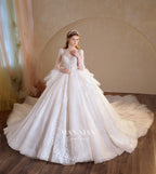 Ethereal V-Neck Crystal Ball Gown Wedding Dress with Cathedral Train & 3D Lace Appliqués