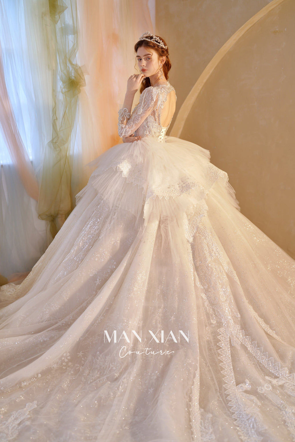 Ethereal V-Neck Crystal Ball Gown Wedding Dress with Cathedral Train & 3D Lace Appliqués