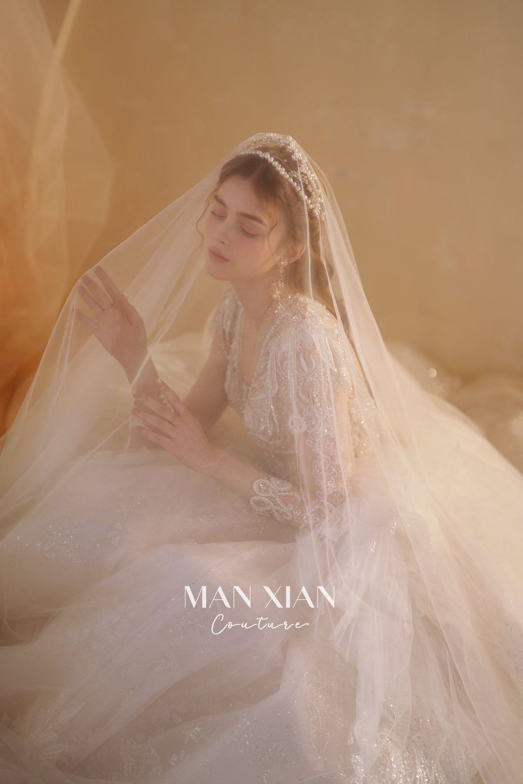 Ethereal V-Neck Crystal Tulle Ball Gown Wedding Dress with Long Sleeves & Cathedral Train