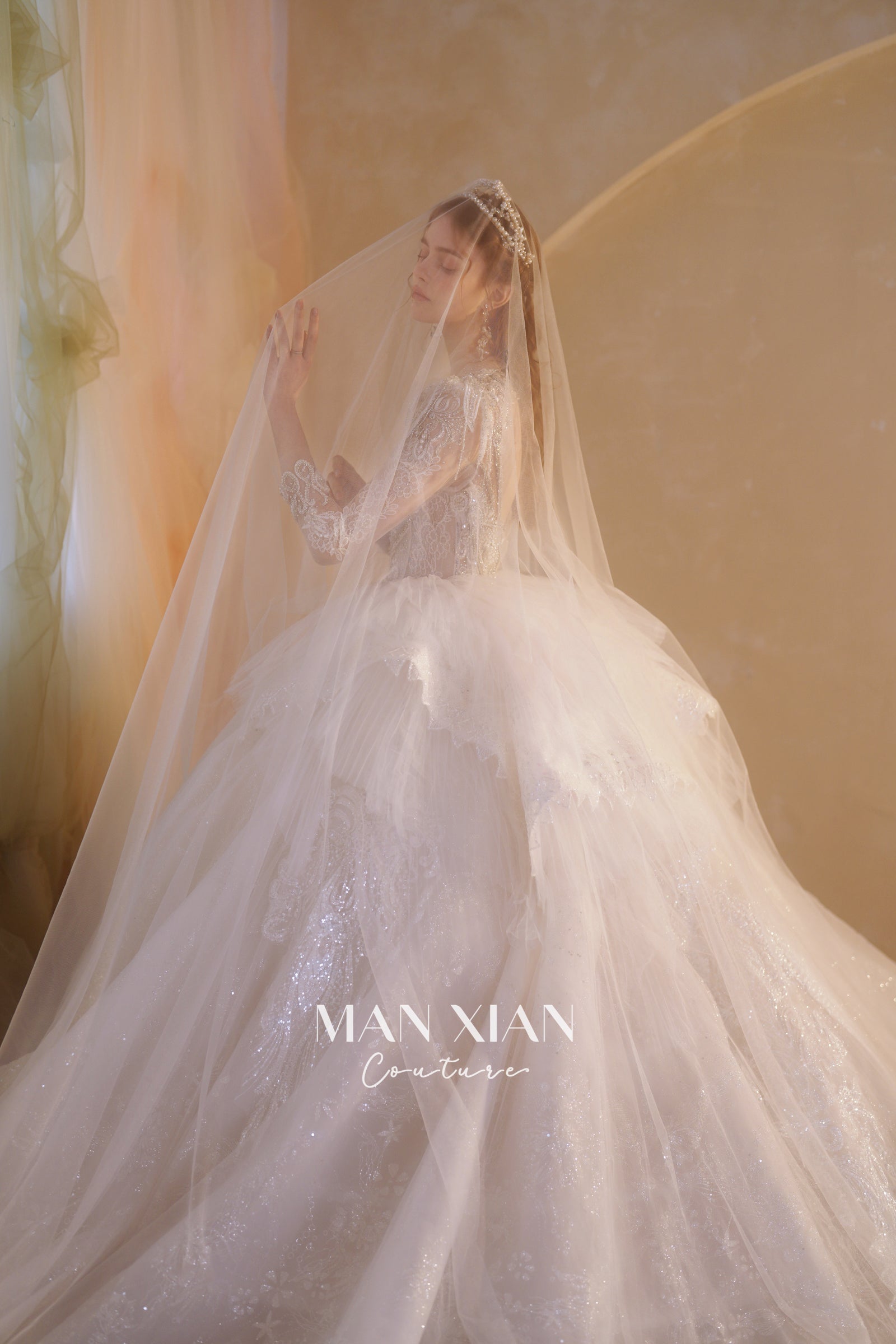 Ethereal V-Neck Crystal Ball Gown Wedding Dress with Cathedral Train & 3D Lace Appliqués