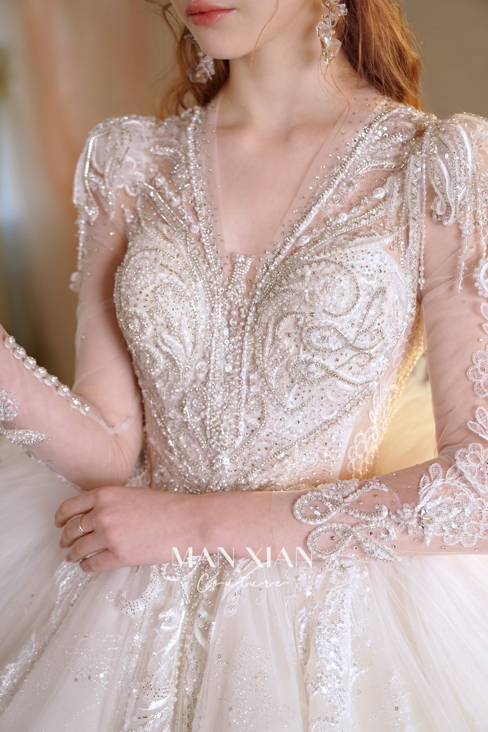 Ethereal V-Neck Crystal Ball Gown Wedding Dress with Cathedral Train & 3D Lace Appliqués