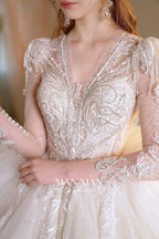 Ethereal V-Neck Crystal Tulle Ball Gown Wedding Dress with Long Sleeves & Cathedral Train