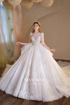 Ethereal V-Neck Crystal Tulle Ball Gown Wedding Dress with Long Sleeves & Cathedral Train