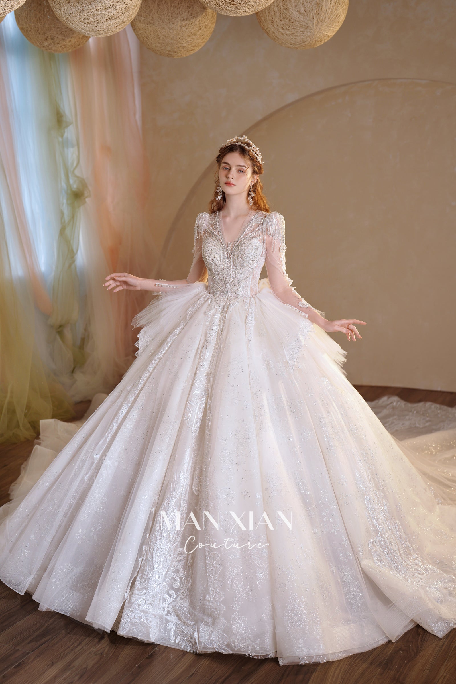 Ethereal V-Neck Crystal Tulle Ball Gown Wedding Dress with Long Sleeves & Cathedral Train