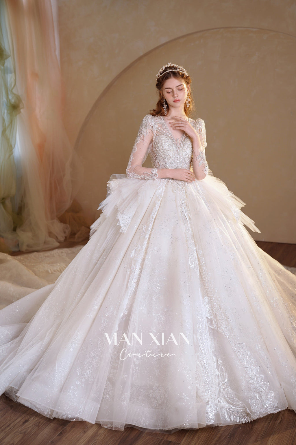 Ethereal V-Neck Crystal Tulle Ball Gown Wedding Dress with Long Sleeves & Cathedral Train