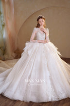 Ethereal V-Neck Crystal Tulle Ball Gown Wedding Dress with Long Sleeves & Cathedral Train